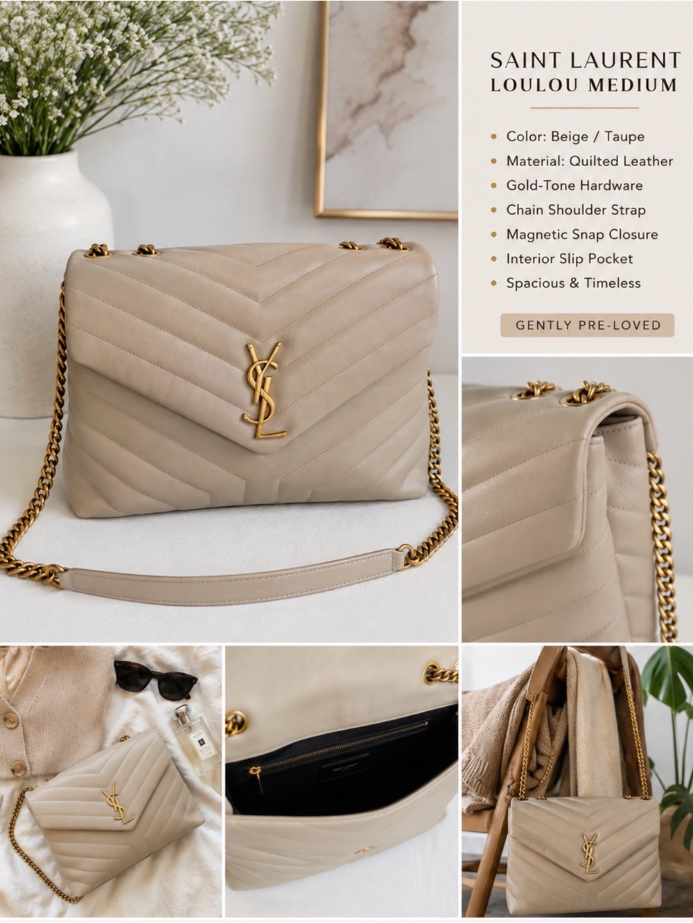 Saint Laurent Beige Quilted Lou Lou Shoulder Bag with Gold YSL